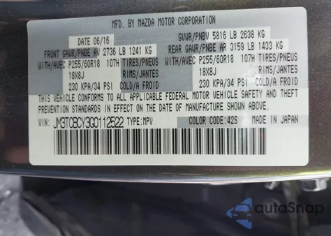 2016 Mazda Cx-9 Touring из США, поврежденный, VIN JM3TCBCY3G0112522